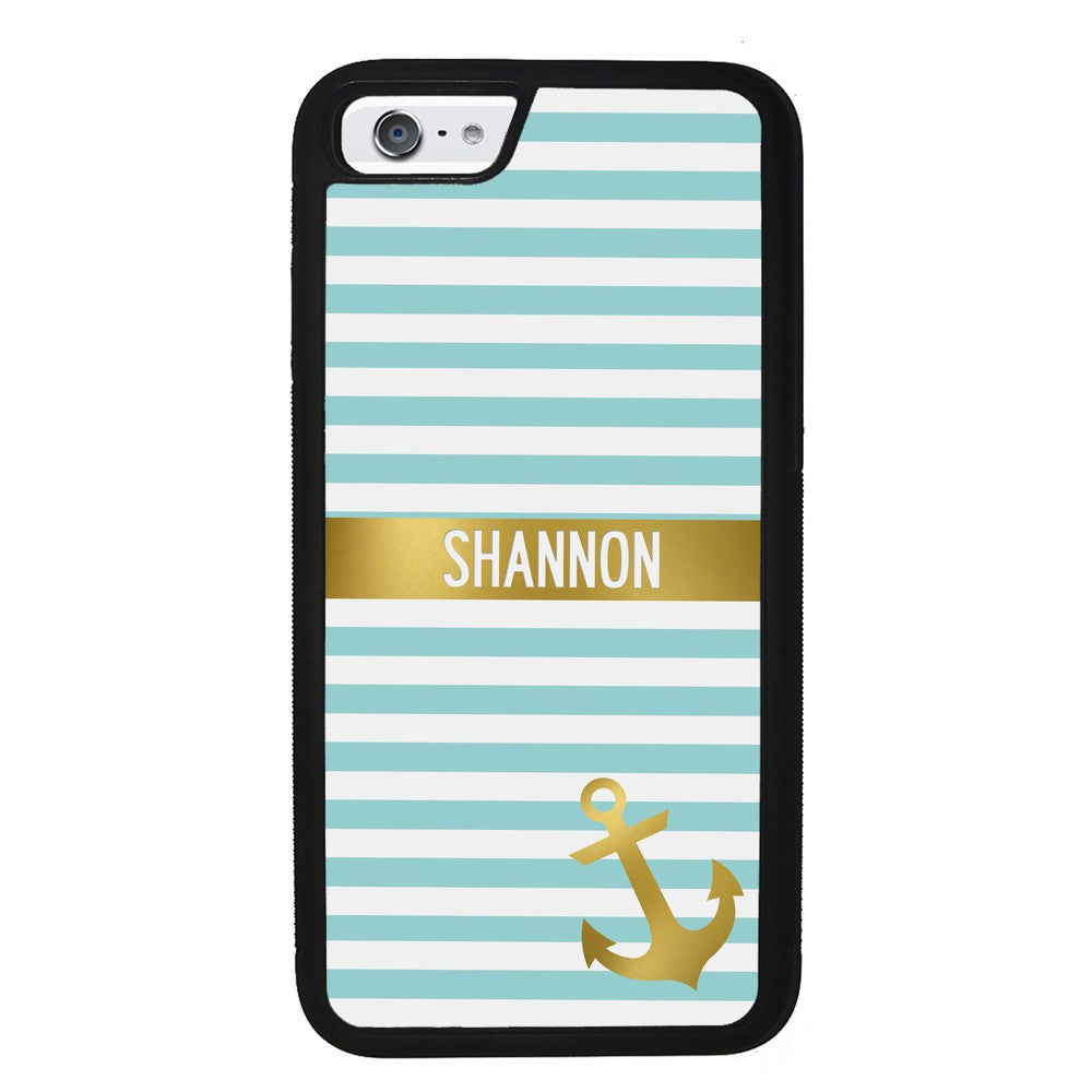 Teal White Bars Anchor Personalized Apple iPhone Case