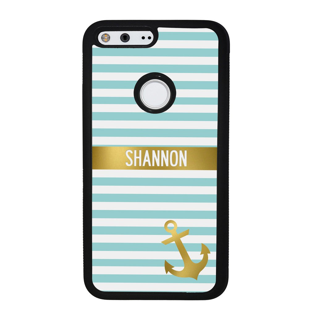 Teal White Bars Anchor Personalized Google Phone Case