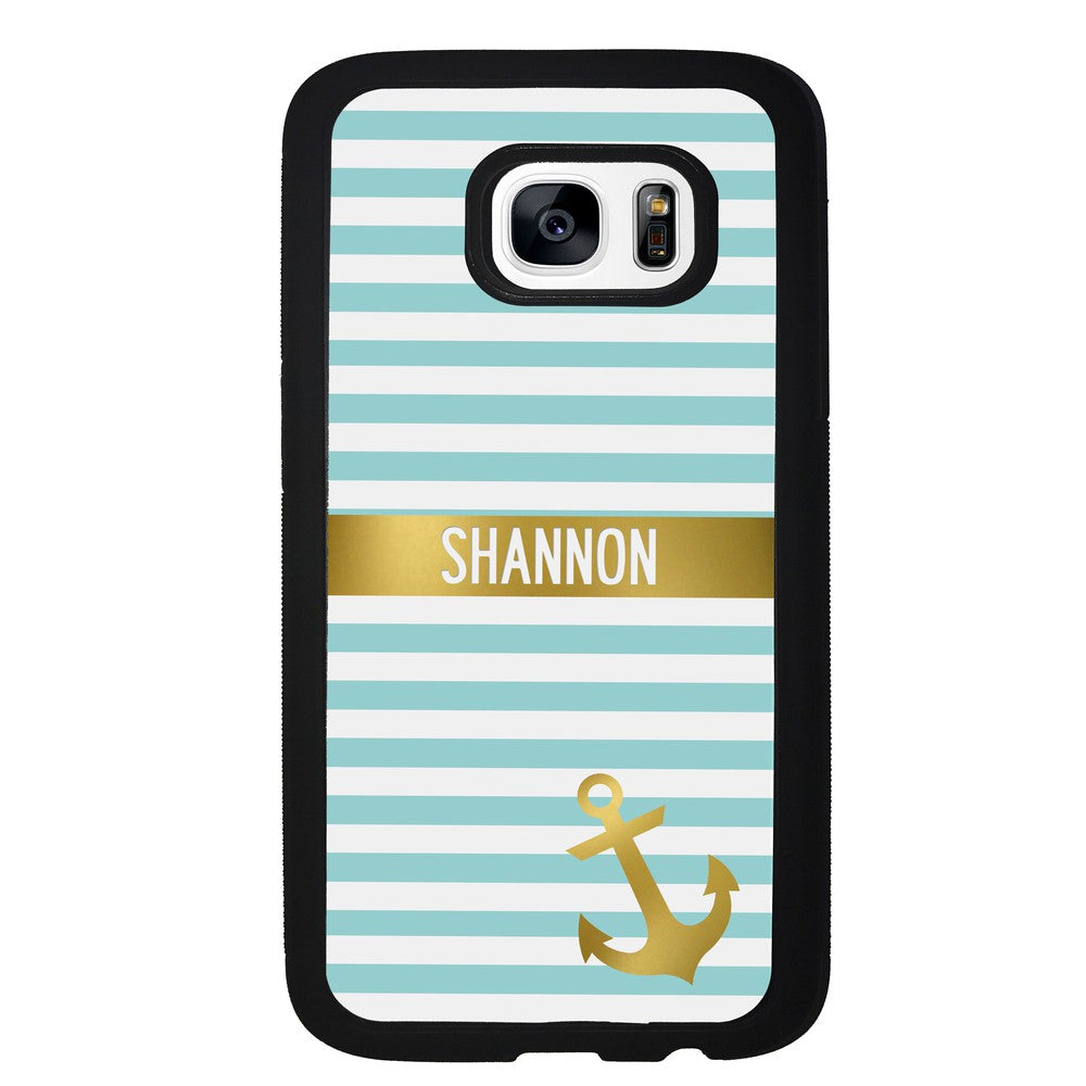 Teal White Bars Anchor Personalized Samsung Phone Case