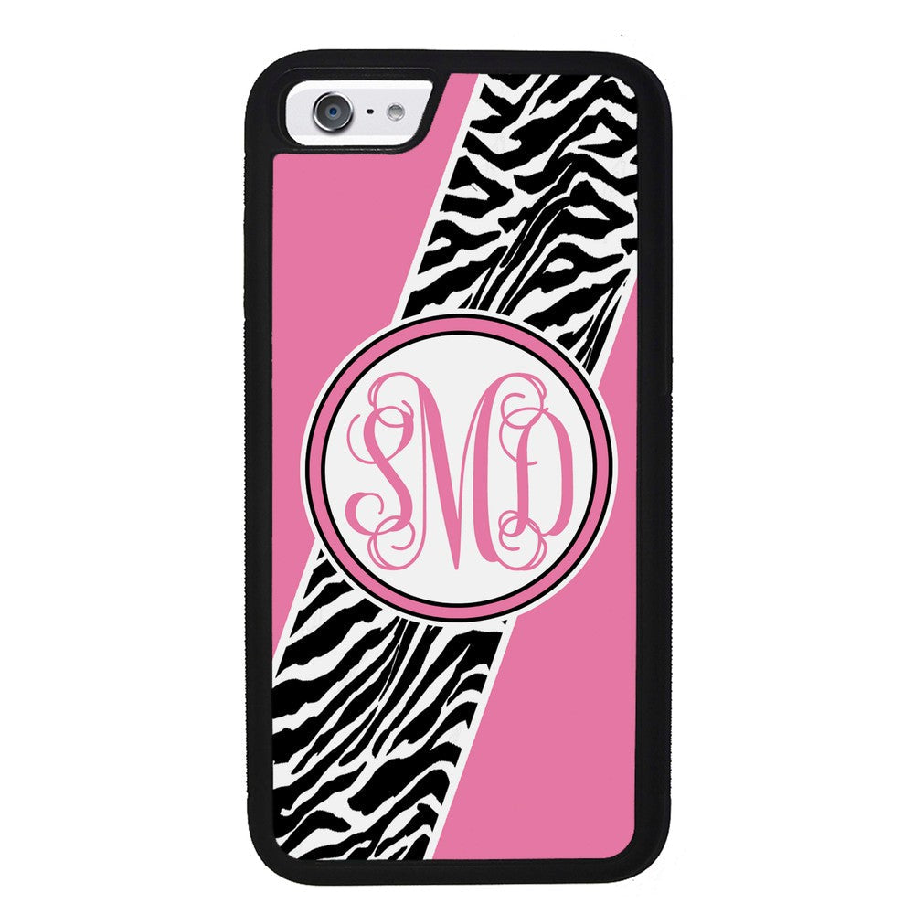 Zebra Animal Skin Pink Script Monogram Apple iPhone Case