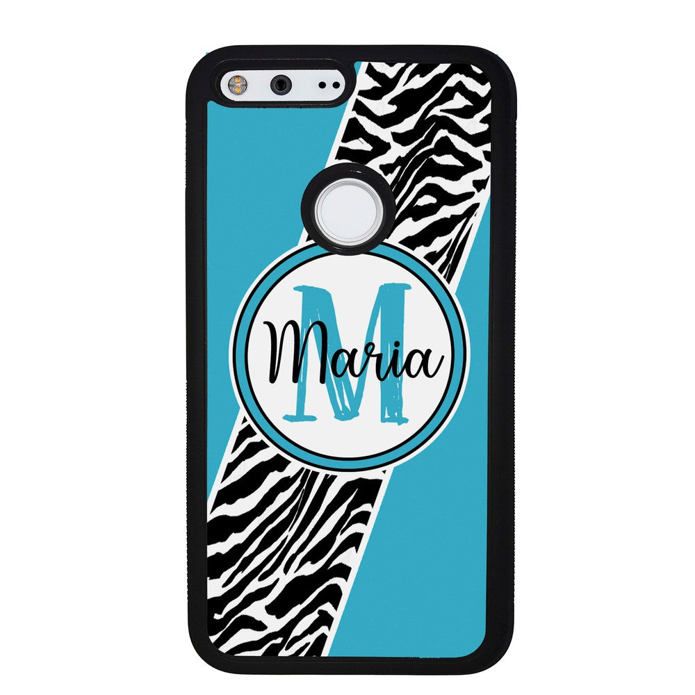 Zebra Skin Stripe Blue Teal Personalized Google Phone Case